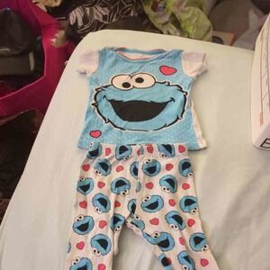 Sesame Street Cookie Monster Toddler 2PC Pajama Set Blue White red Hearts 12 mon